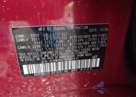 2021 Subaru Ascent Limited from USA, damaged, VIN 4S4WMAMD3M3425813
